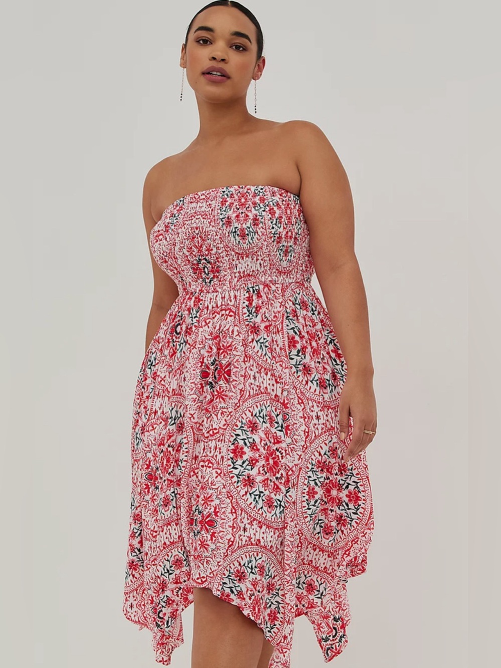 torrid Strapless Red and White Floral Smocked Midi Dress